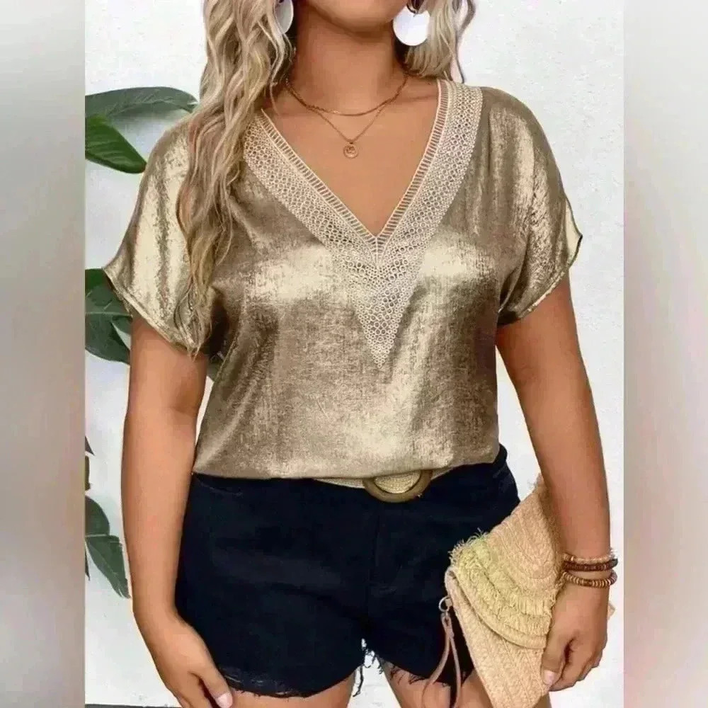 SHEIN Batwing Sleeve Lace V-Neck Shimmery Top Size 2XL Gold NWT
